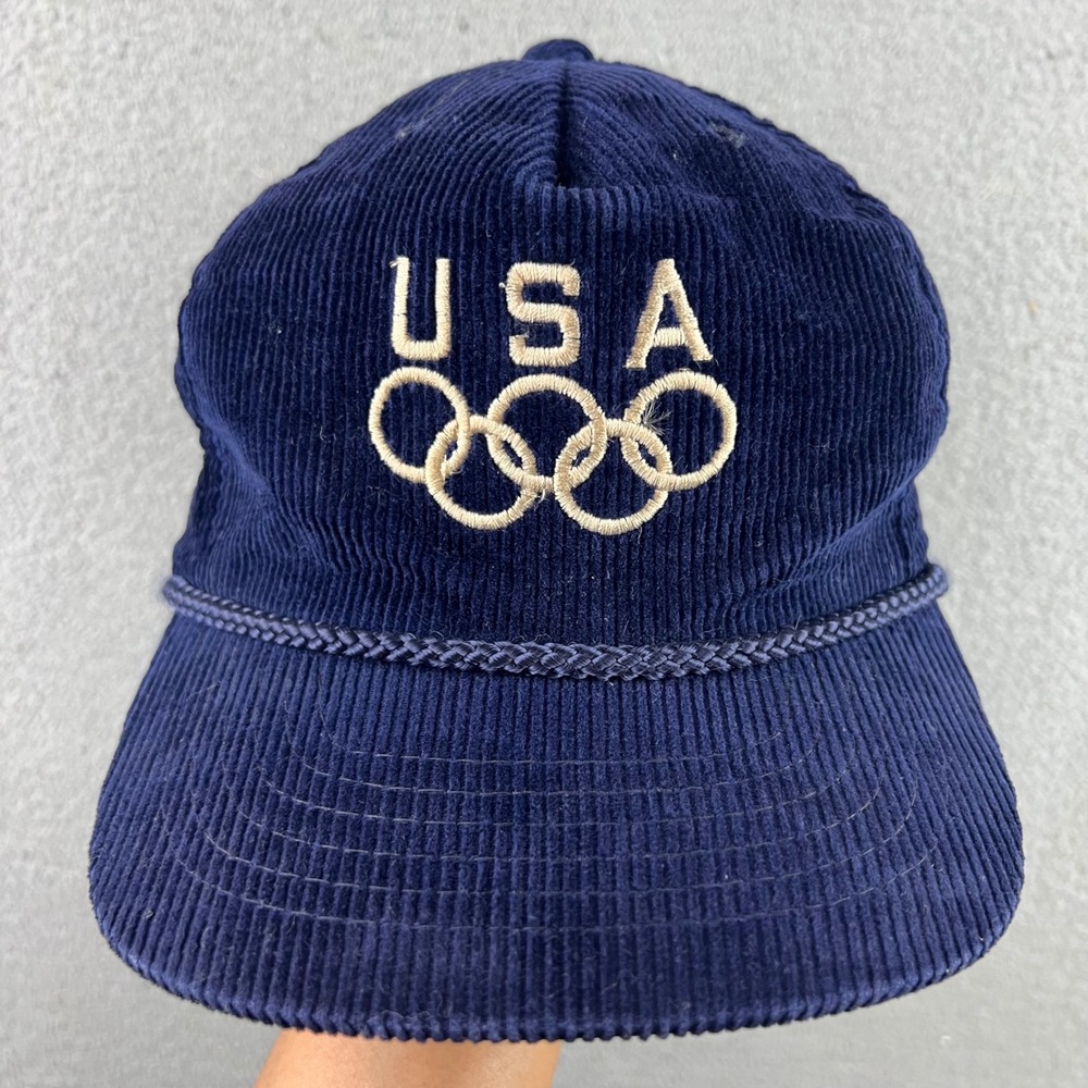Vintage USA Olympics Corduroy Hat Navy Blue Drew Pearson Neil Clutch Rope Cap